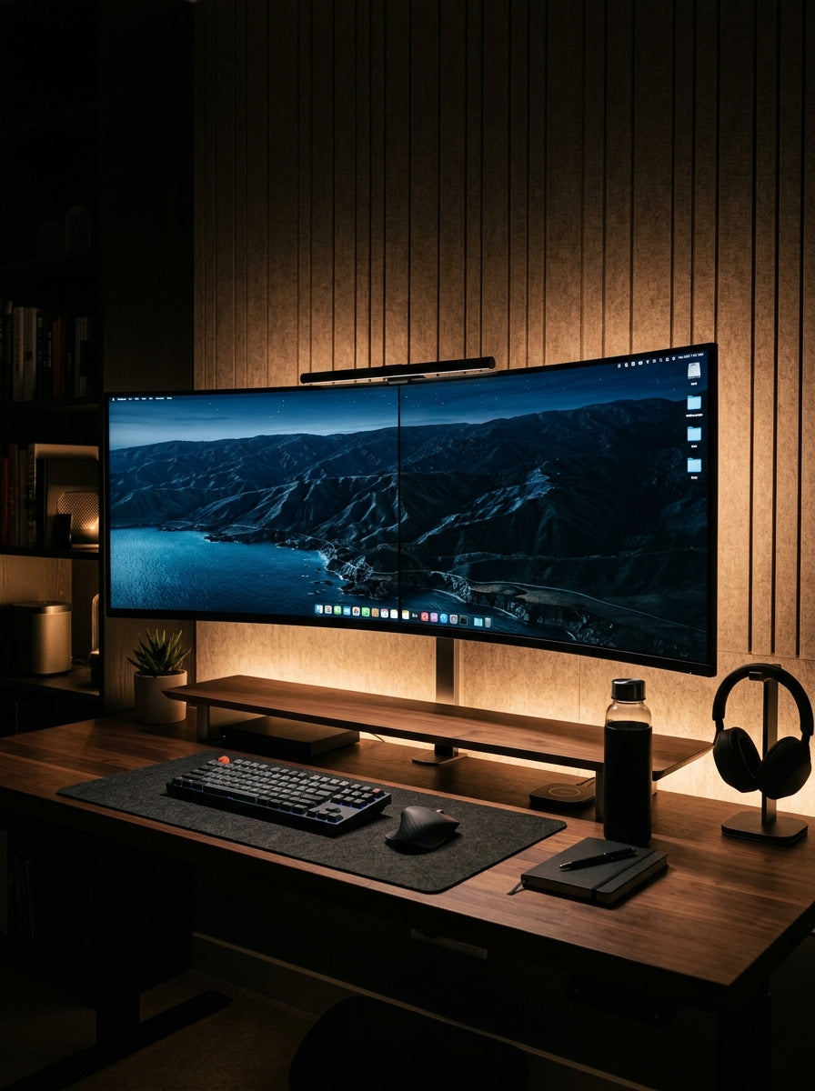 Bureau à domicile bien rangé avec deux écrans reliés